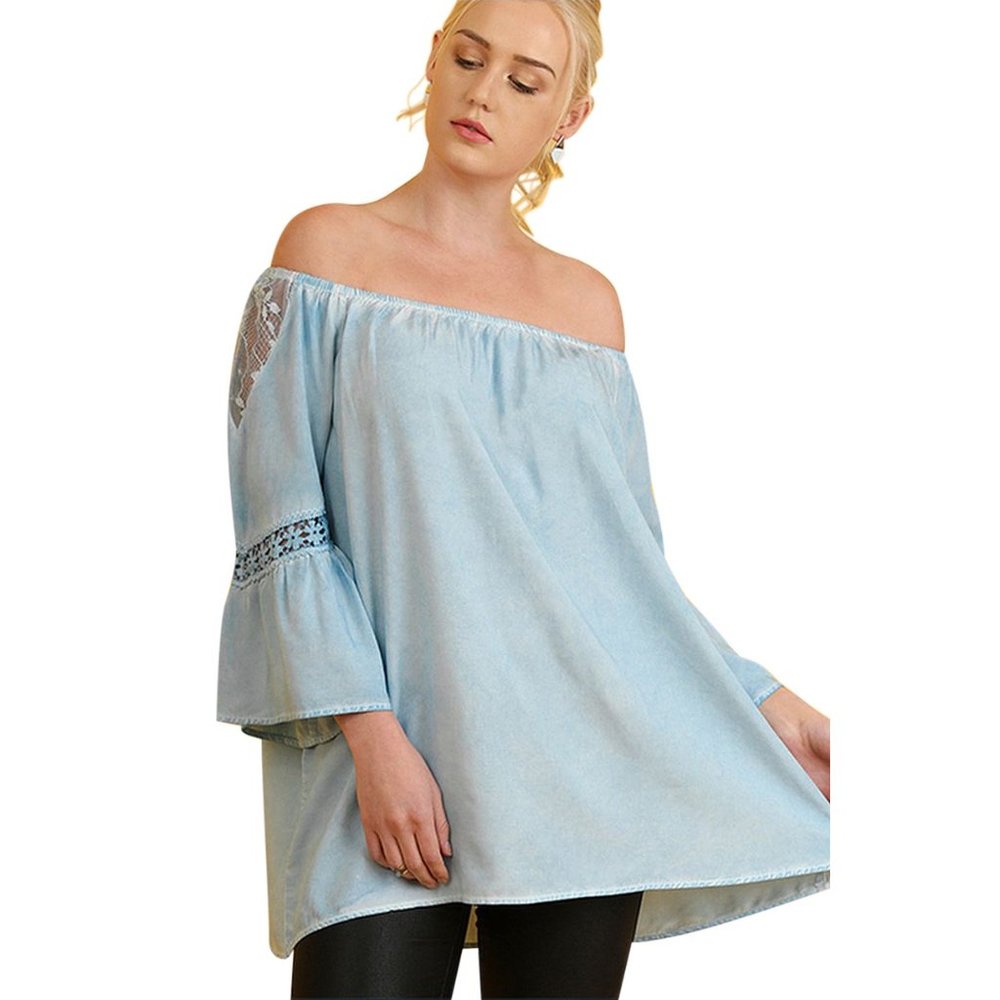 Umgee  NWT  Off the Shoulder Lace Top, Light Denim